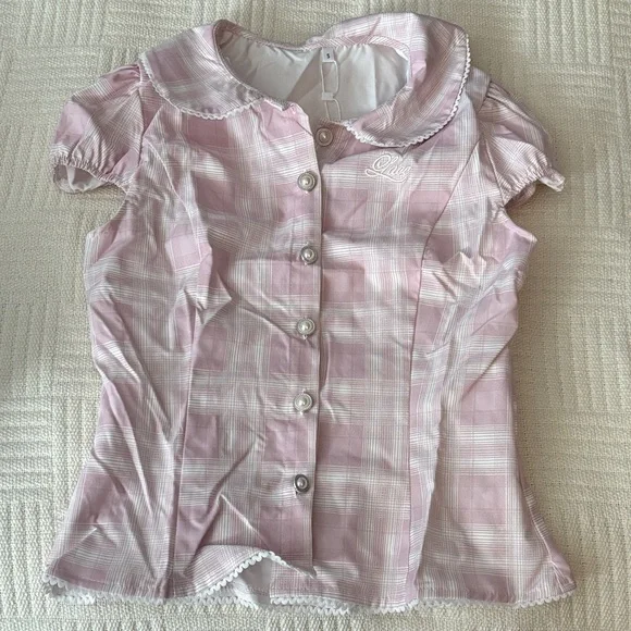 Women’s Pink Plaid Button-Front Top - Picture 2 of 6